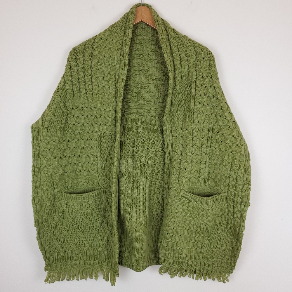 Soft Knit Open-Front Shawl Cardigan - Olive Green